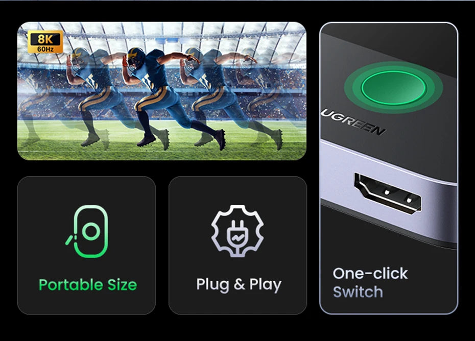 UGREEN HDMI 2.1 Switch 8K 60Hz 4K120Hz 2-in-1-Ausgang für TV Xiaomi Xbox Series X PS5 HDMI-kompatibler Monitor HDMI-Switcher