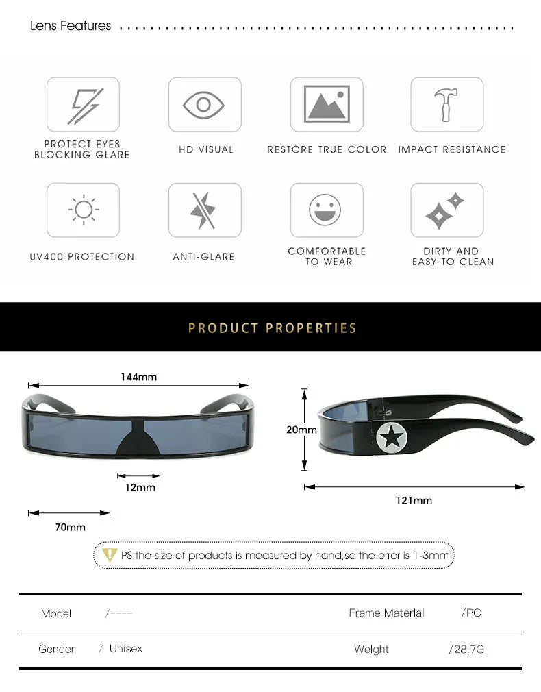 Future Technology Star Style Sonnenbrille für Männer und Frauen, Form umwickelbare Punk-Sonnenbrille mit schmalem Rahmen