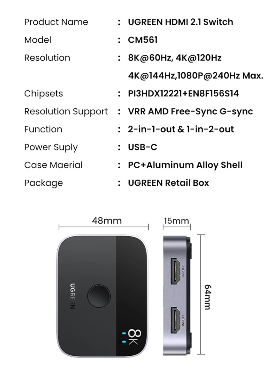 UGREEN HDMI 2.1 Switch 8K 60Hz 4K120Hz 2-in-1-Ausgang für TV Xiaomi Xbox Series X PS5 HDMI-kompatibler Monitor HDMI-Switcher