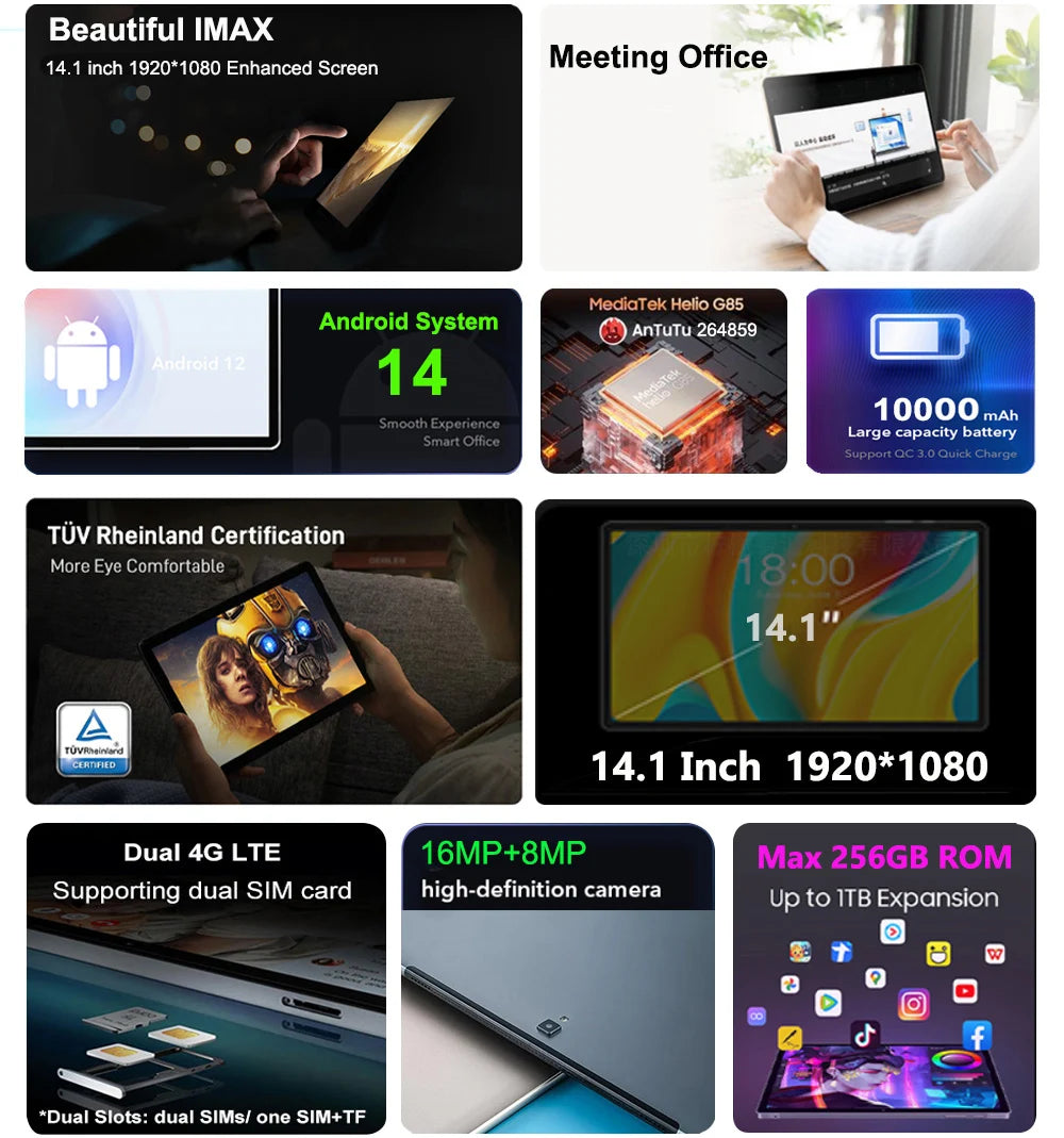 Globale Version 14,1 Zoll Tablet PC Großer Bildschirm 1920x1080 Octa Core MT6769 12+256GB Tablet 14 Zoll Android 14 Game Study PAD