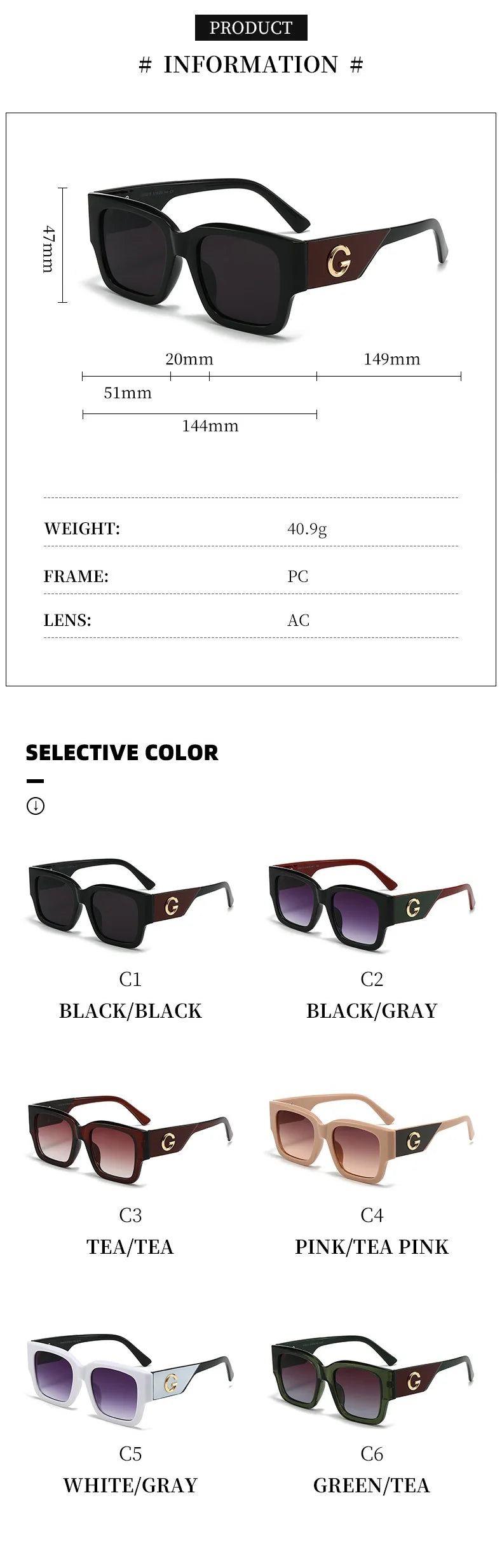 Luxusmarke G Fashion Sonnenbrillen für Damen und Herren, europäische und amerikanische stilvolle quadratische Designer-Brillen, Unisex-Brillen, UV400