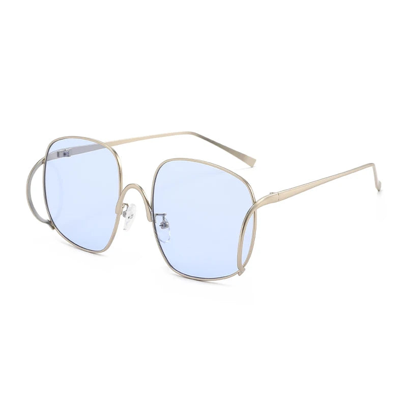 Übergroße Quadratische Sonnenbrille für Damen Luxuriöser Legierungsrahmen Trendige Große Gläser Einzigartige Gebogene Bügel-Brillenfassung