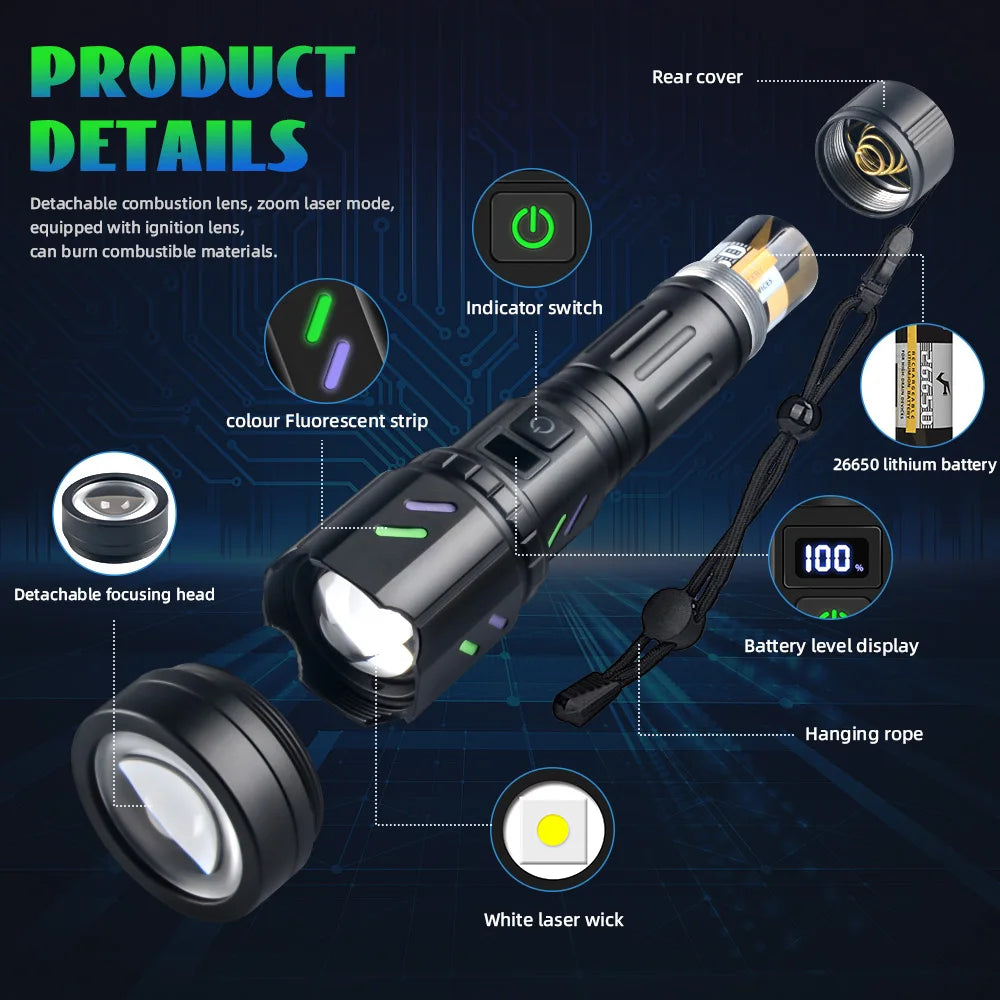 Hochleistungs-weiße Laser-LED-Taschenlampe, 18650, 26650, Batterie, Typ C, starkes Licht, taktische Taschenlampe, Outdoor-Camping, mit Zündlinse