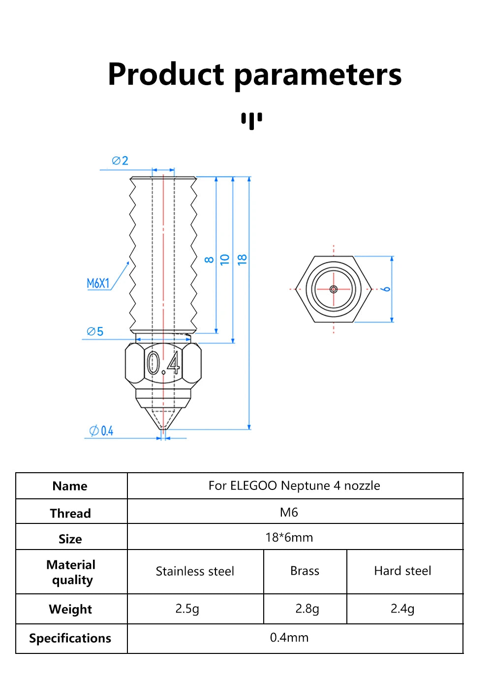 Für ELEGOO Neptune 4 Düsen aus gehärtetem Stahl, 1,75 mm Düsenlänge 18 mm, für Elegoo Neptune 4 Pro 3D-Drucker