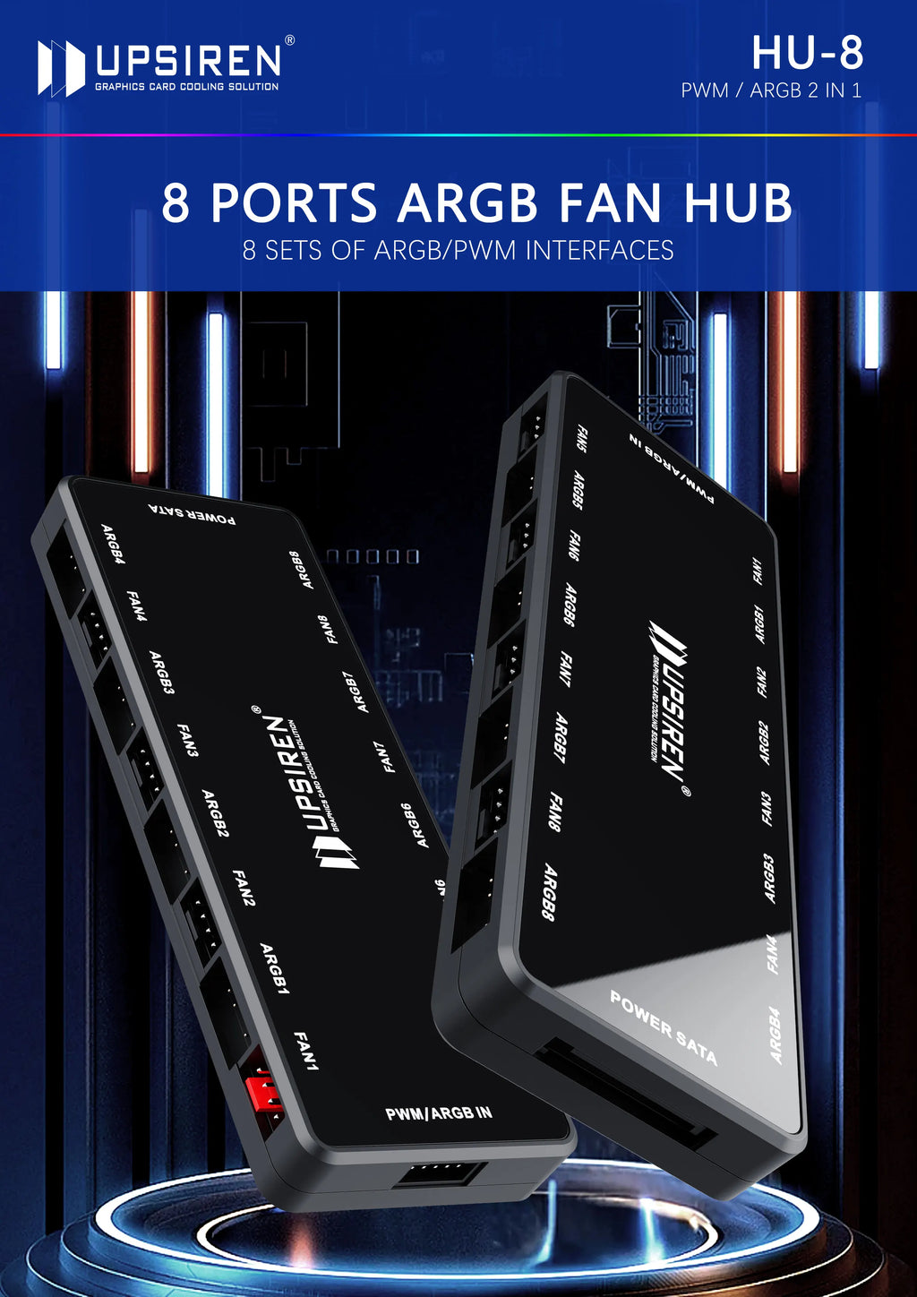 UPSIREN HU-8 Gehäuselüfter-Hub, 8 Sätze ARGB- und PWM-Schnittstellen, magnetisches Unteres Design, unterstützt Motherboard-Synchronisierung