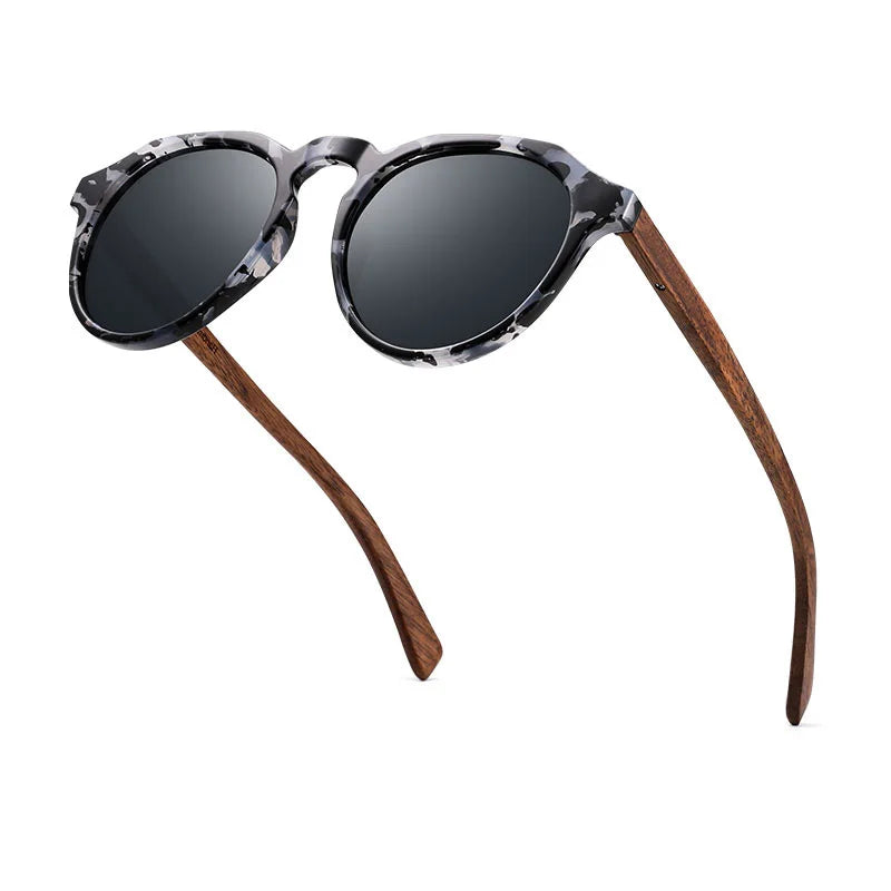 Oi Wood Sonnenbrille Damen Herren Sonnenbrille Walnussholz Runde Brille Rote LinseTortoise Shell Rahmen