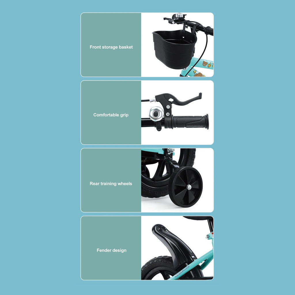 12-Zoll-Kinderfahrrad, stabiles Reiten, Rahmen aus Kohlenstoffstahl, Babyfahrrad mit Stützrädern für Kinder im Alter von 2 bis 6 Jahren, Grün