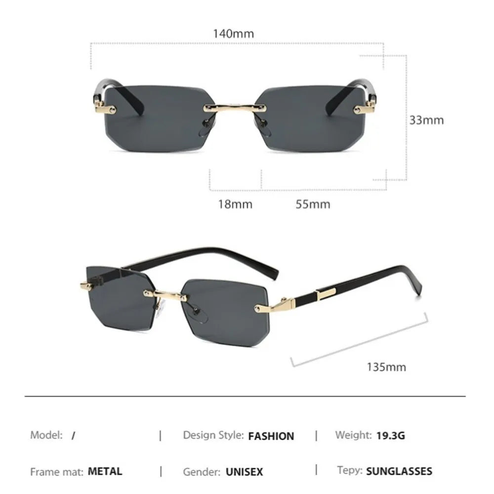 Trendige randlose Sonnenbrille für Männer und Frauen, modische rahmenlose rechteckige Sonnenbrille, Retro-UV400-Farbtöne, Sommer-Reisebrille