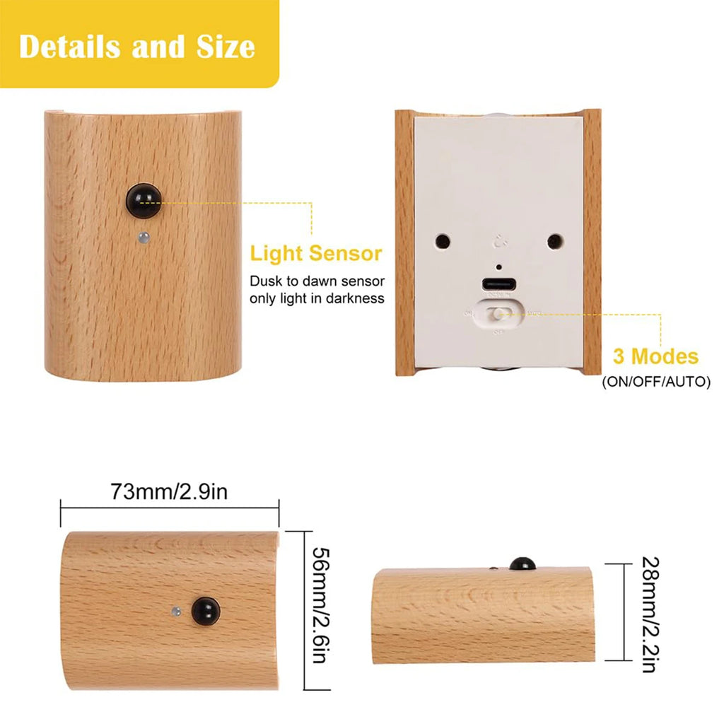 Intelligente Induktions-Wandleuchte, wiederaufladbares Licht, 1a, 0,4 W, Bewegungsmelder, LED-Leuchten, Treppen, Holz, magnetisch, warmweiß, Nachtstecker
