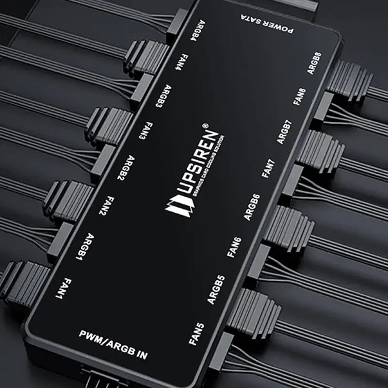 UPSIREN HU-8 Gehäuselüfter-Hub, 8 Sätze ARGB- und PWM-Schnittstellen, magnetisches Unteres Design, unterstützt Motherboard-Synchronisierung