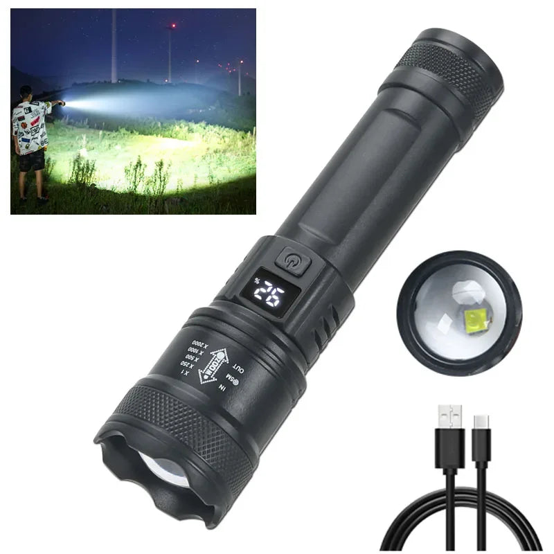 Hohe starke Leistung LED-Taschenlampen 2000lm taktische Taschenlampe mit Display-Licht USB-Aufladung Camping Angeln Notfall Zoom Laterne