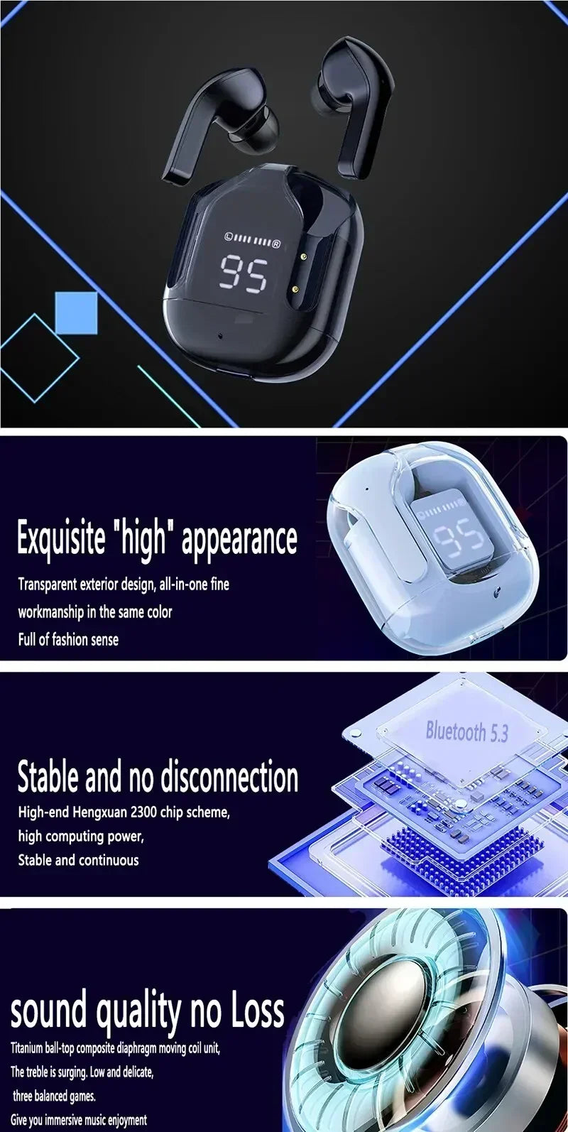 Original T2 Drahtlose Bluetooth Kopfhörer Transparent HIFI Kopfhörer LED Power Digital Display Stereo Sound Kopfhörer für Xiaomi