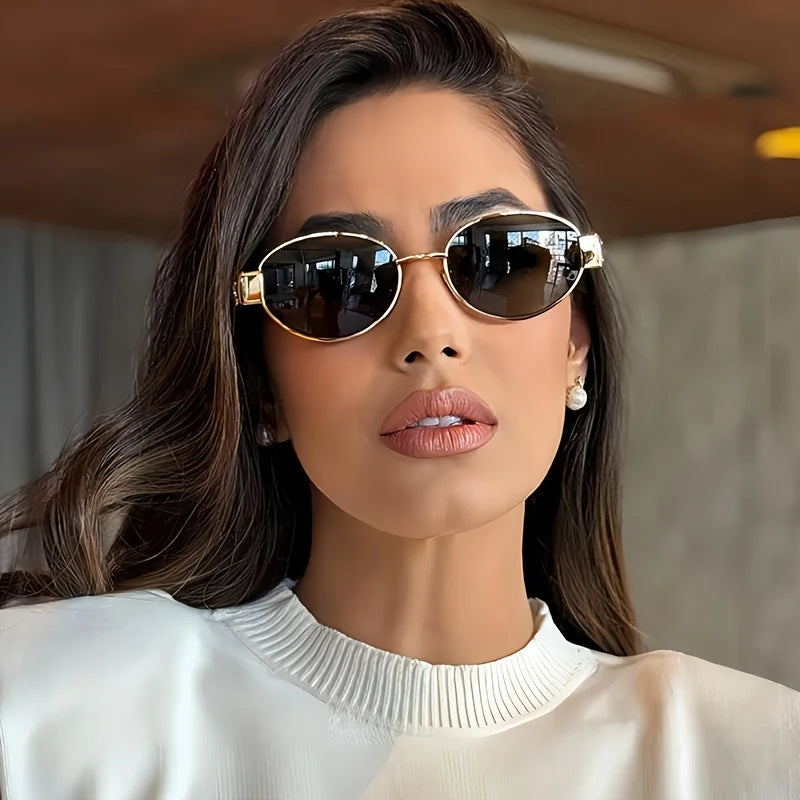 Ovale Sonnenbrille für Damen und Herren, trendige Sonnenbrille mit Metallrahmen, klassische Farbtöne