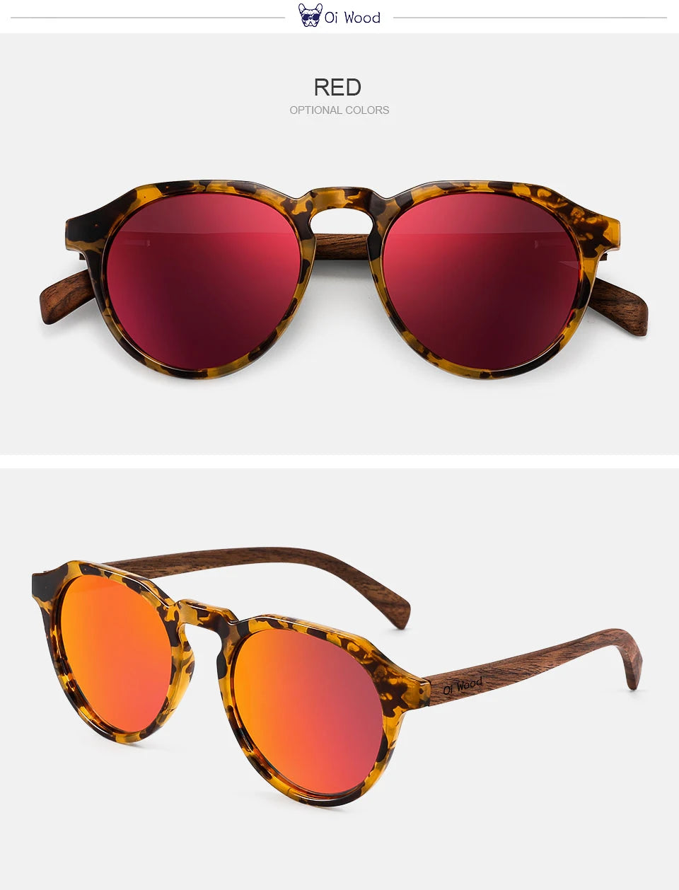 Oi Wood Sonnenbrille Damen Herren Sonnenbrille Walnussholz Runde Brille Rote LinseTortoise Shell Rahmen