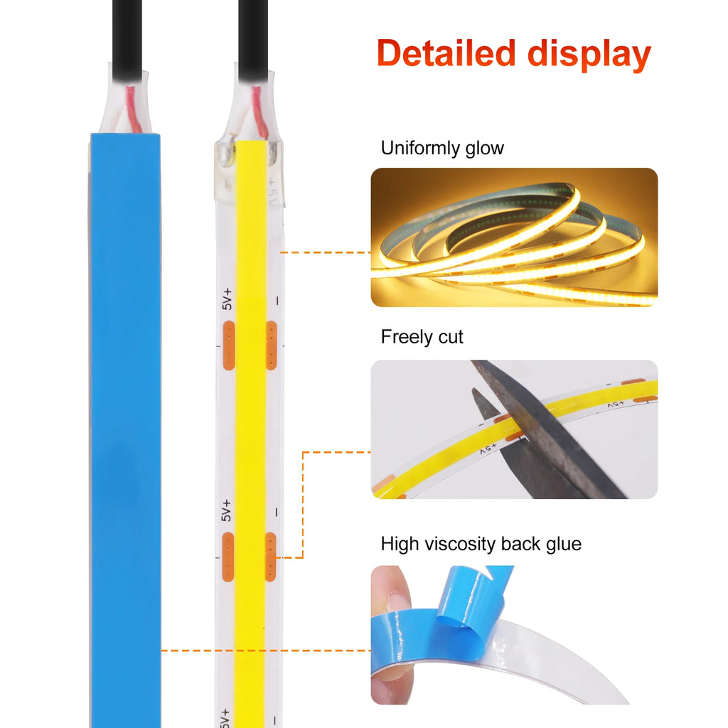 Superheller USB-DC5V-COB-LED-Lichtstreifen, 320 LED/m, hohe Dichte, flexible lineare Beleuchtung, warm/natürlich/weiß, 50 cm, 1 m, 2 m, 3 m, 4 m, 5 m