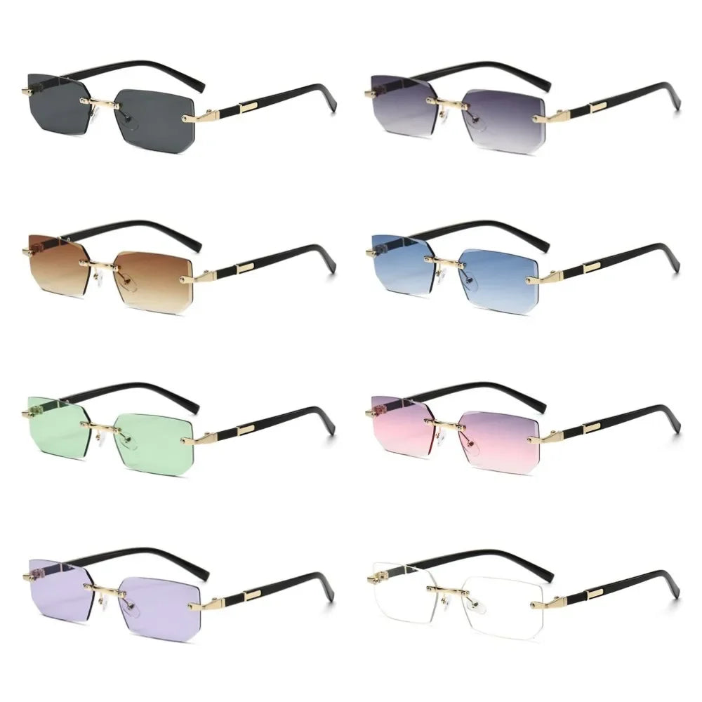 Trendige randlose Sonnenbrille für Männer und Frauen, modische rahmenlose rechteckige Sonnenbrille, Retro-UV400-Farbtöne, Sommer-Reisebrille