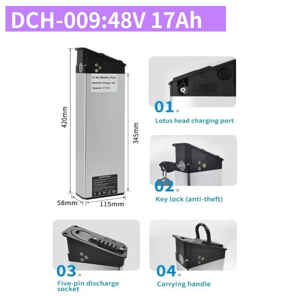 48V 17Ah 15Ah 12,8Ah 10,4Ah 36V 10Ah 12Ah 15Ah DCH-003 DCH-006 DCH-009 350W~1000W Motorbatterie