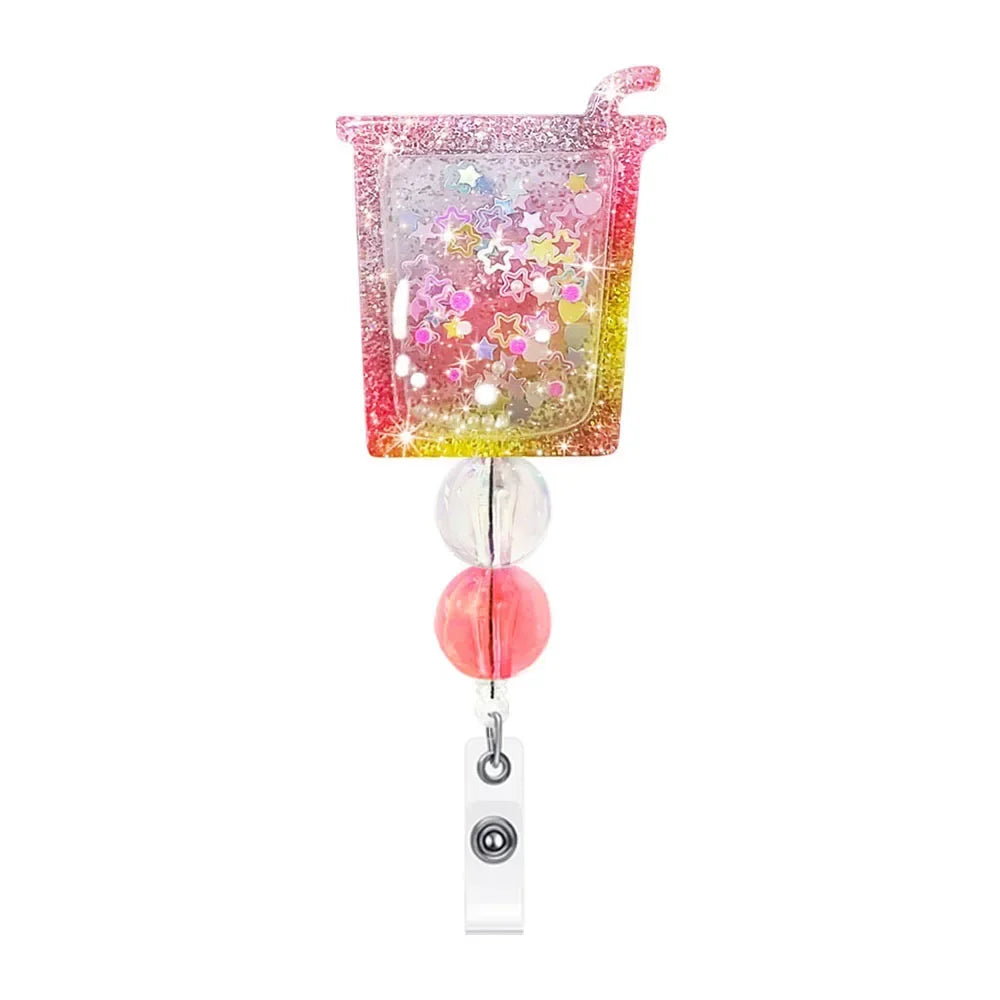 2023 Neues Design, 1 Stück, glitzerndes Acryl, einziehbare Krankenschwester-Abzeichenrolle, Anime-Flasche, Süßigkeiten-Perlen, Studenten-Ausweishalter, Umhängeband