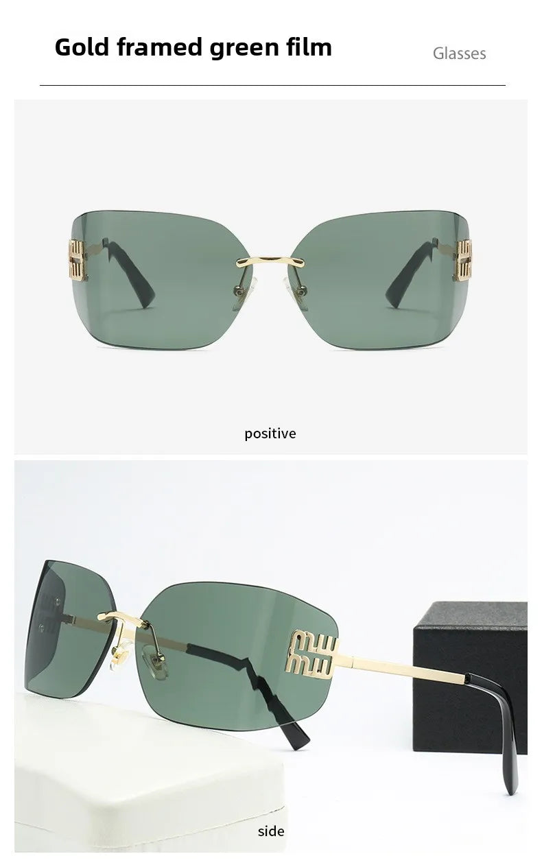 Gebogene einteilige Sonnenbrille, rahmenloses quadratisches Schnittkanten-Design, UV400-Schutz, High-End-Street-Style für Damen