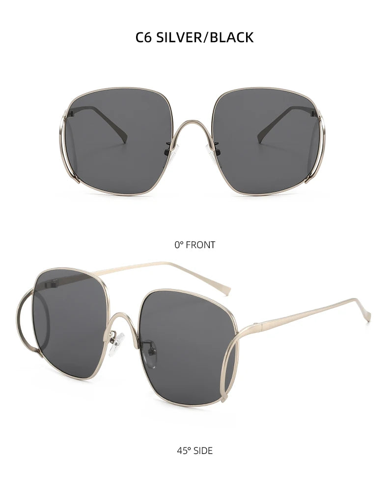 Übergroße Quadratische Sonnenbrille für Damen Luxuriöser Legierungsrahmen Trendige Große Gläser Einzigartige Gebogene Bügel-Brillenfassung