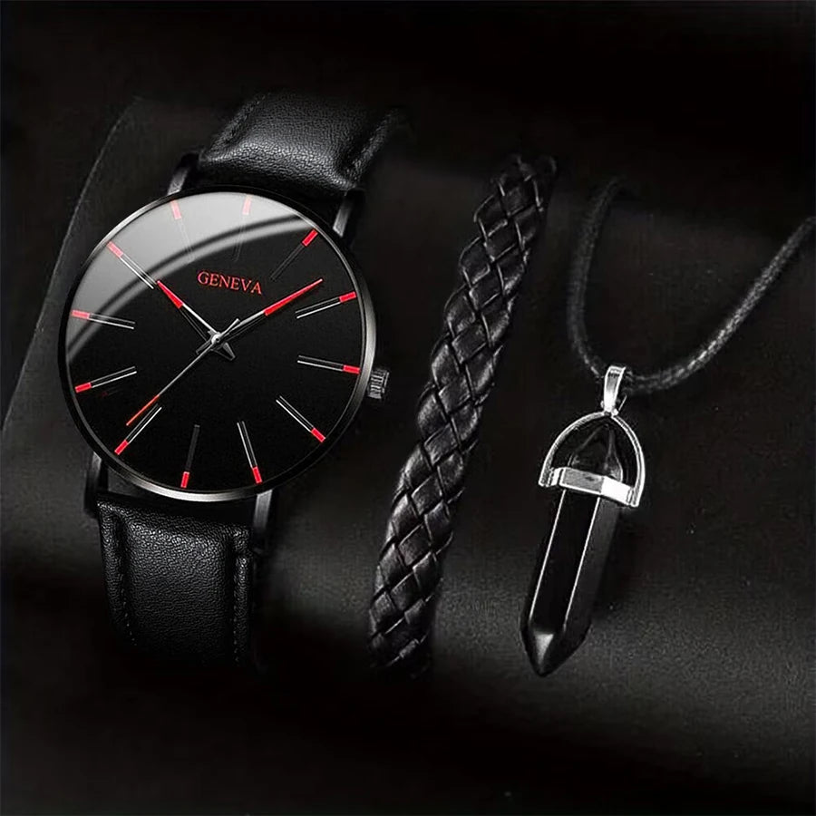 3 Teile/satz Männer Business Uhren Casual Leder Band Analog Männlichen Quarzuhr Halskette Armband Set