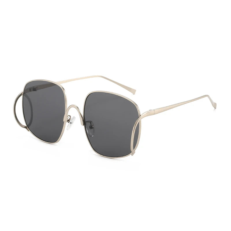 Übergroße Quadratische Sonnenbrille für Damen Luxuriöser Legierungsrahmen Trendige Große Gläser Einzigartige Gebogene Bügel-Brillenfassung