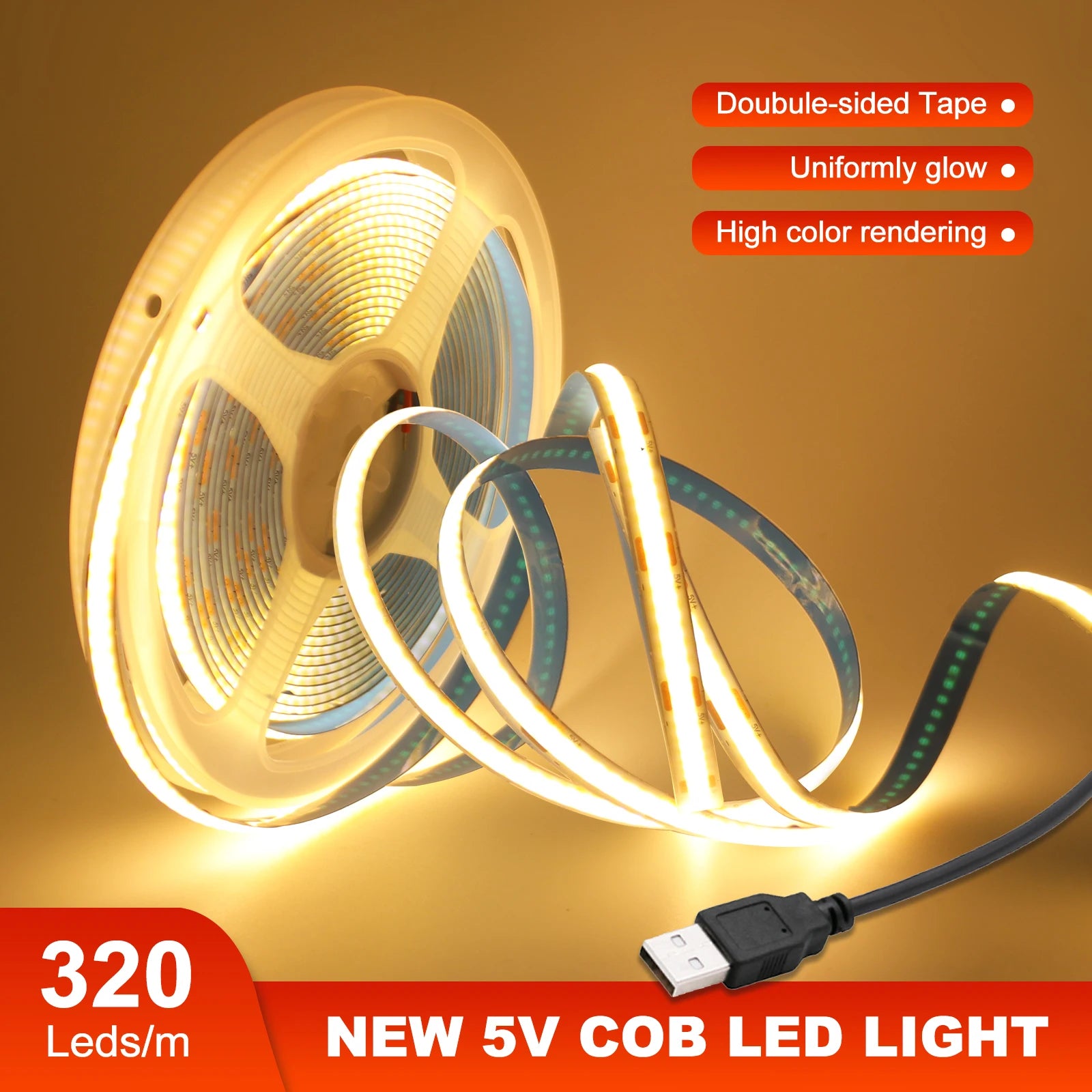 Superheller USB-DC5V-COB-LED-Lichtstreifen, 320 LED/m, hohe Dichte, flexible lineare Beleuchtung, warm/natürlich/weiß, 50 cm, 1 m, 2 m, 3 m, 4 m, 5 m