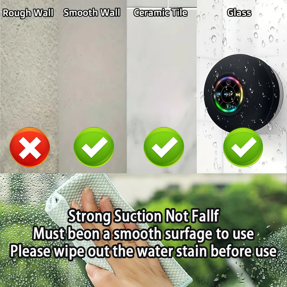 Tragbarer kabelloser Bluetooth-Lautsprecher, LED-Licht, IPX4, wasserdichter Lautsprecher, Badezimmer im Freien, großer Saugnapf, Stereo-Soundbox