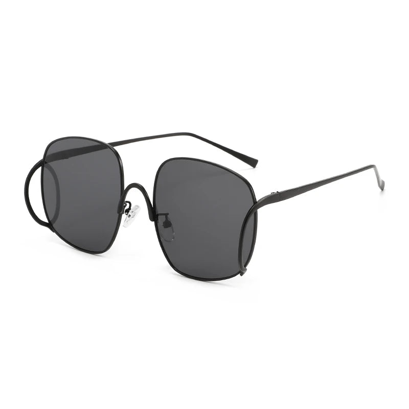 Übergroße Quadratische Sonnenbrille für Damen Luxuriöser Legierungsrahmen Trendige Große Gläser Einzigartige Gebogene Bügel-Brillenfassung