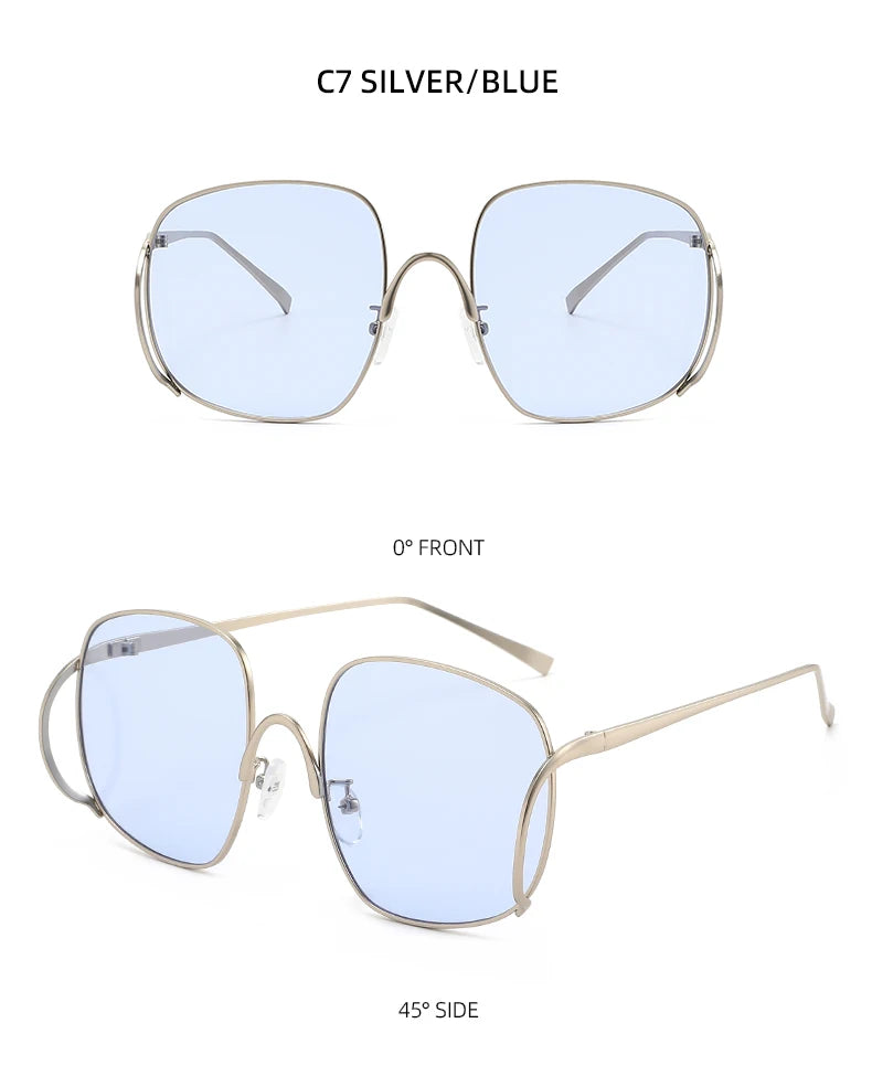 Übergroße Quadratische Sonnenbrille für Damen Luxuriöser Legierungsrahmen Trendige Große Gläser Einzigartige Gebogene Bügel-Brillenfassung