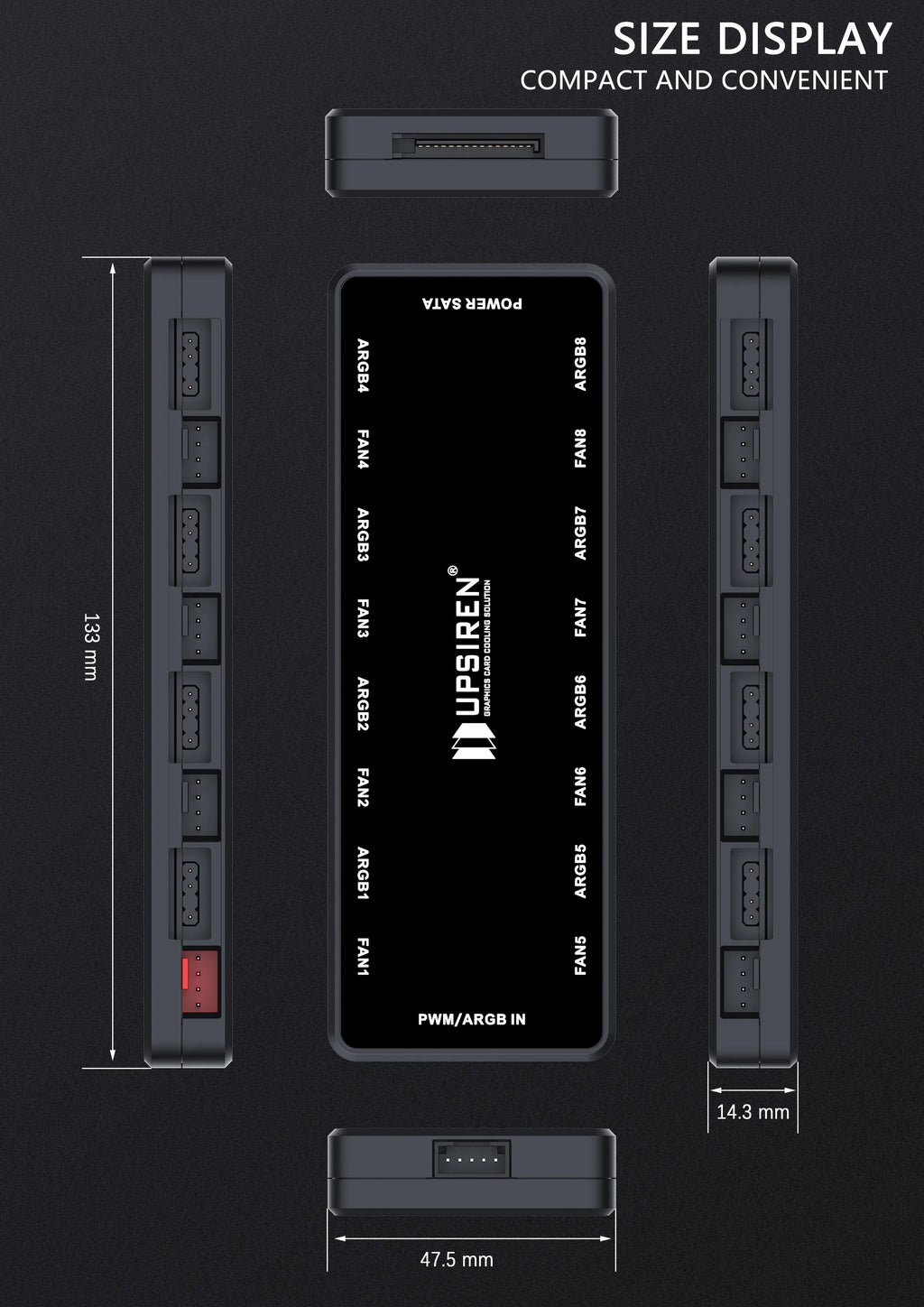 UPSIREN HU-8 Gehäuselüfter-Hub, 8 Sätze ARGB- und PWM-Schnittstellen, magnetisches Unteres Design, unterstützt Motherboard-Synchronisierung