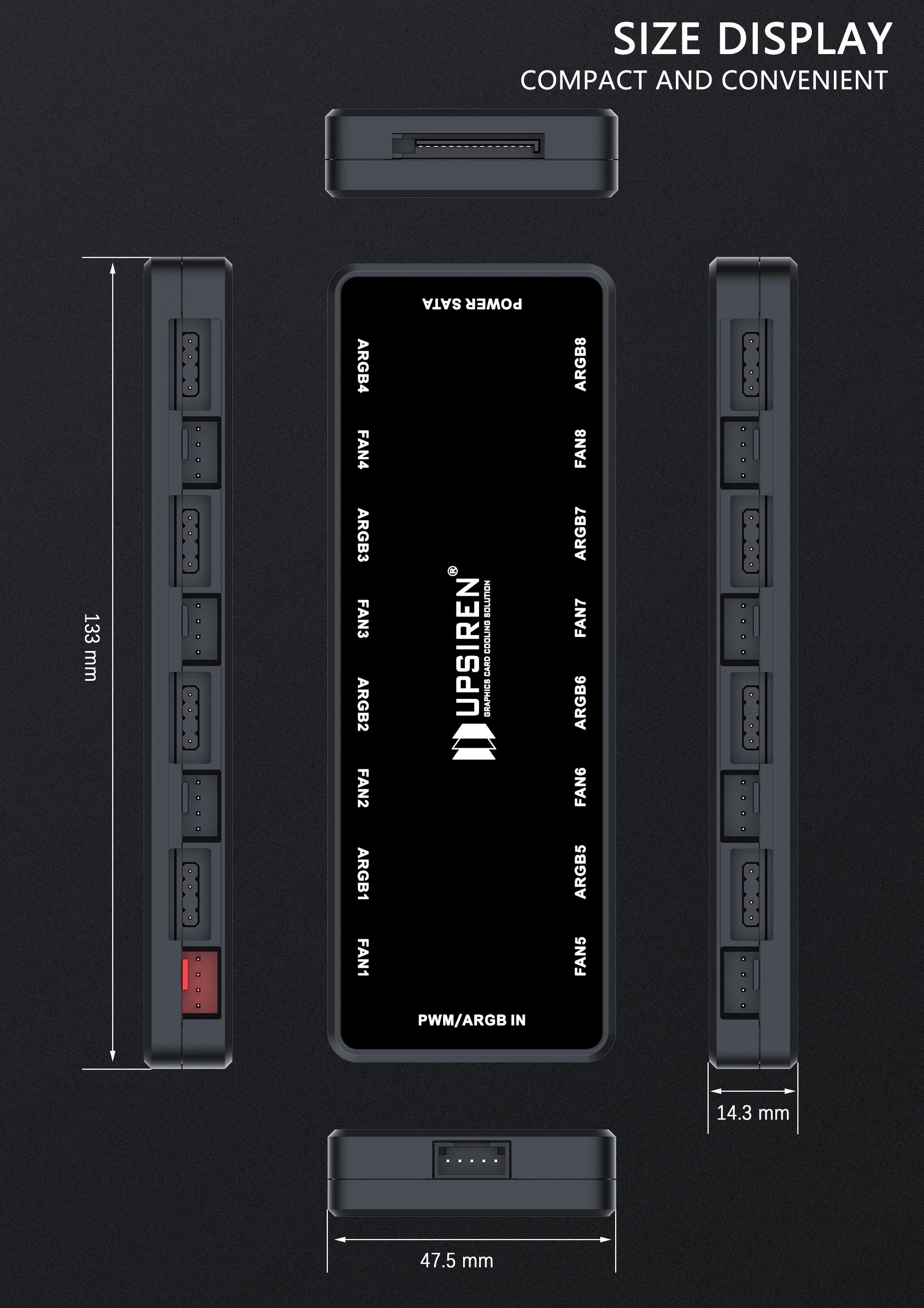 UPSIREN HU-8 Gehäuselüfter-Hub, 8 Sätze ARGB- und PWM-Schnittstellen, magnetisches Unteres Design, unterstützt Motherboard-Synchronisierung