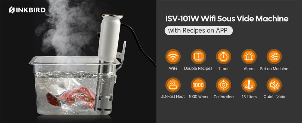 INKBIRD ISV-101W WiFi Sous Vide Cooker, 1000 W, 0,1 ° C Precision, 3D-Heizung, App-Steuerung, USDA-Rezepte, Voralarm, Sicherheitsfunktion
