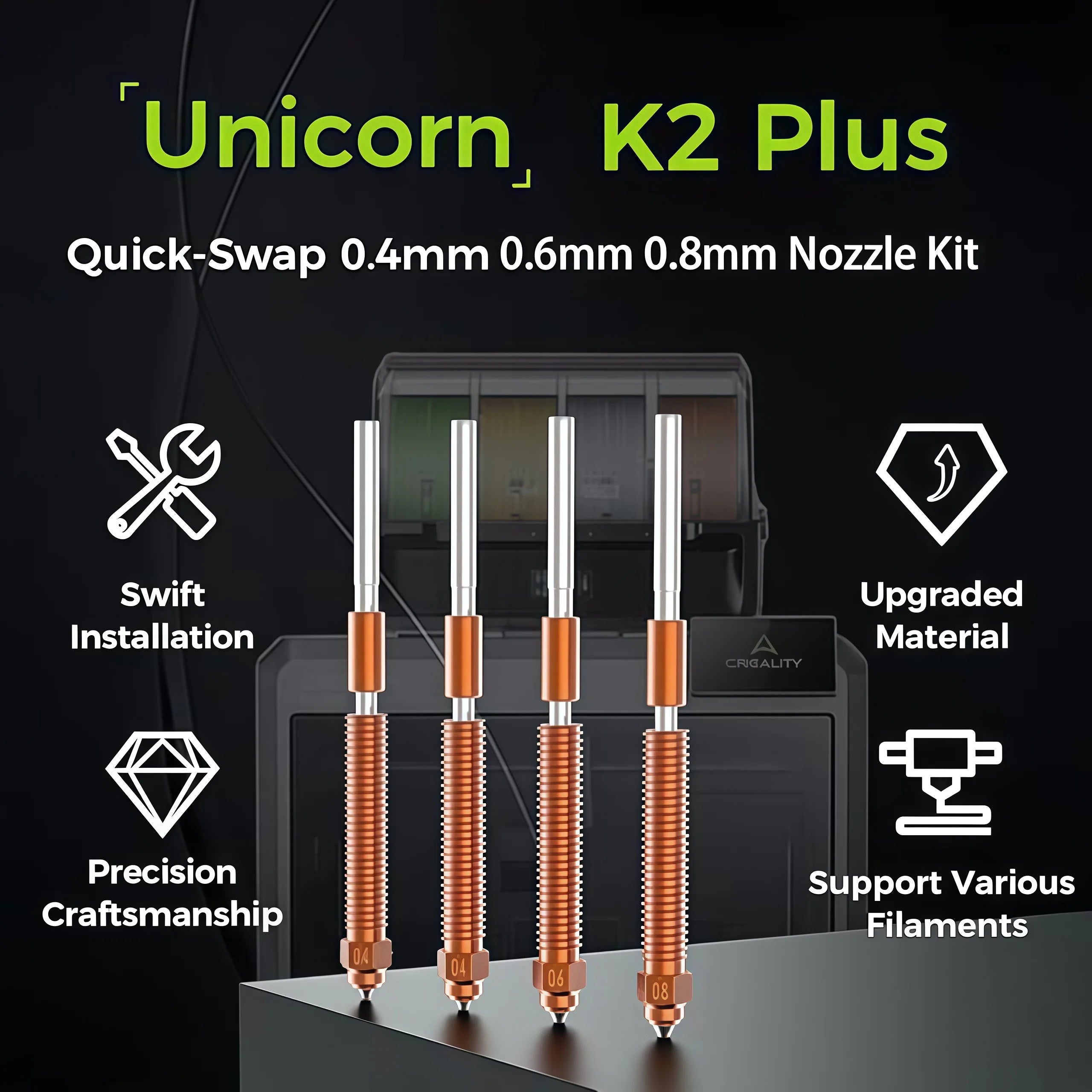 Creality Original K2 Plus Düsenset 0.4/0.6/0.8mm, gehärteter Stahl, hoher Durchfluss, 3D-Druckerzubehör