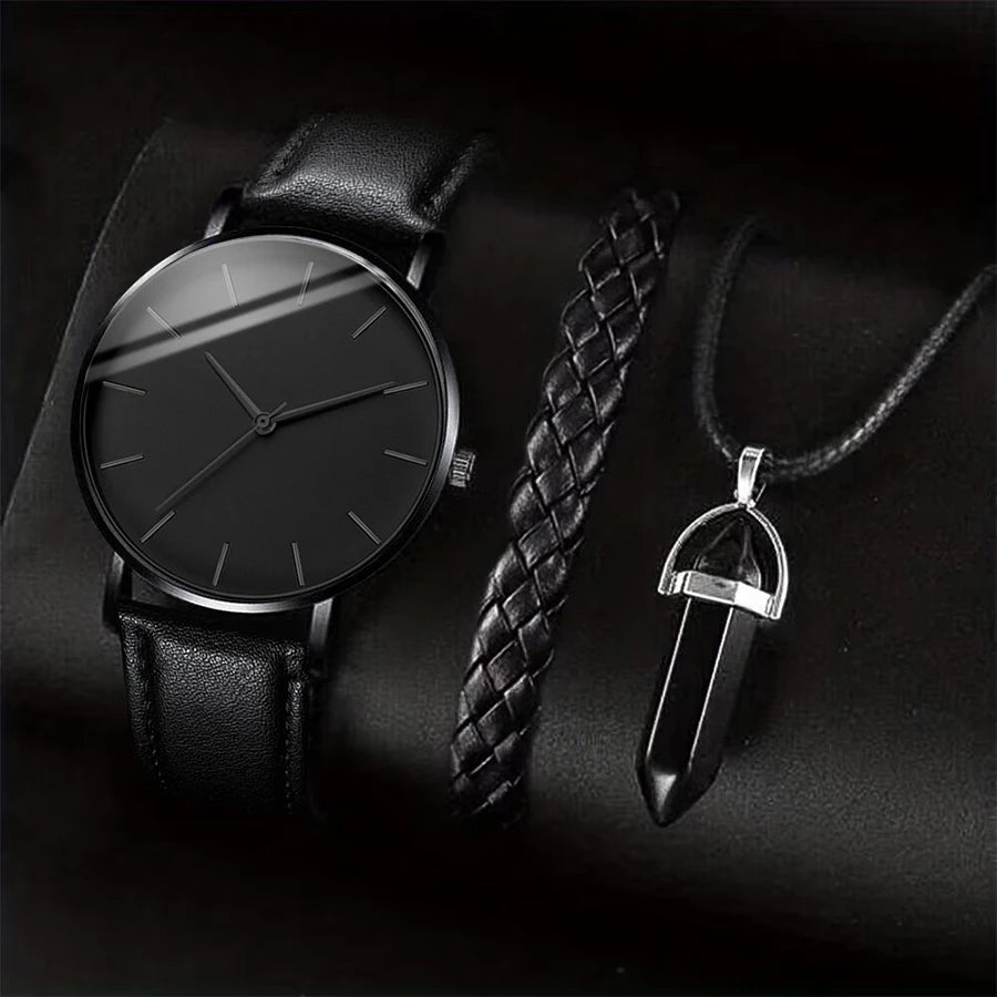 3 Teile/satz Männer Business Uhren Casual Leder Band Analog Männlichen Quarzuhr Halskette Armband Set