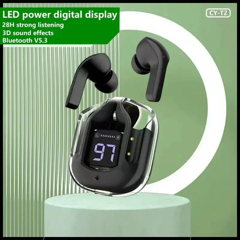Original T2 Drahtlose Bluetooth Kopfhörer Transparent HIFI Kopfhörer LED Power Digital Display Stereo Sound Kopfhörer für Xiaomi