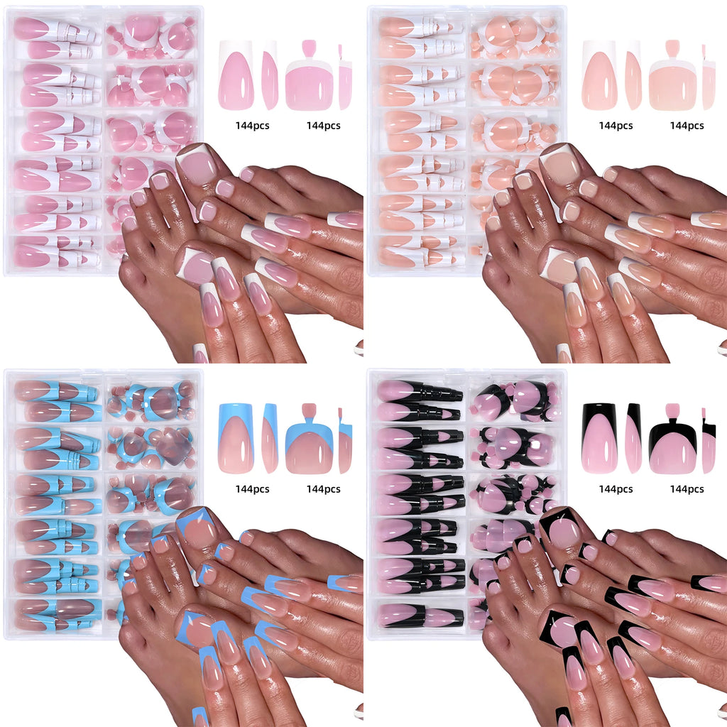 144 Stück französisches Hand- und Fußverschleiß-Nagelset, Sommer, kurz, quadratisch, glänzend, falscher Zehennagel, Acryl, vollständige Abdeckung, geeignet für Nagelstudio