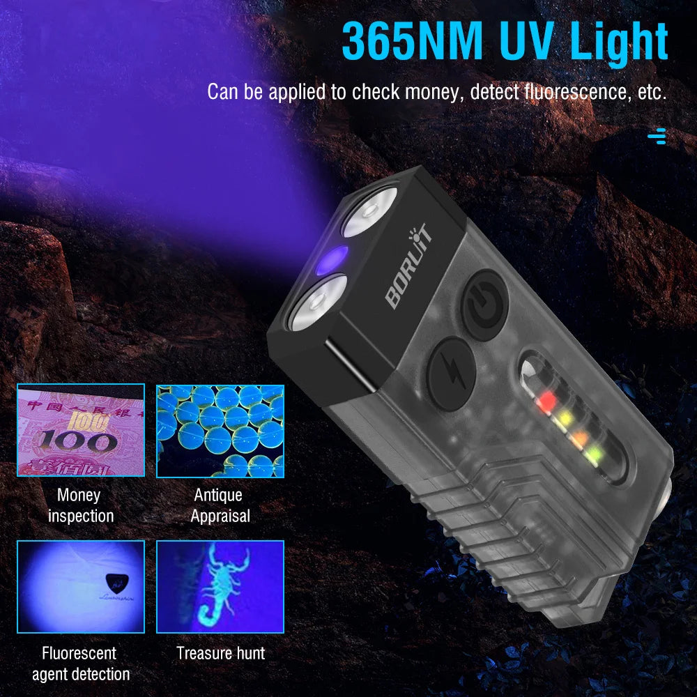 BORUiTV3/V10 LED-Schlüsselanhänger-Licht, leistungsstarke EDC-Taschenlampe, wiederaufladbare Taschenlampe vom Typ C, mit rotem UV-Licht, Angellampe