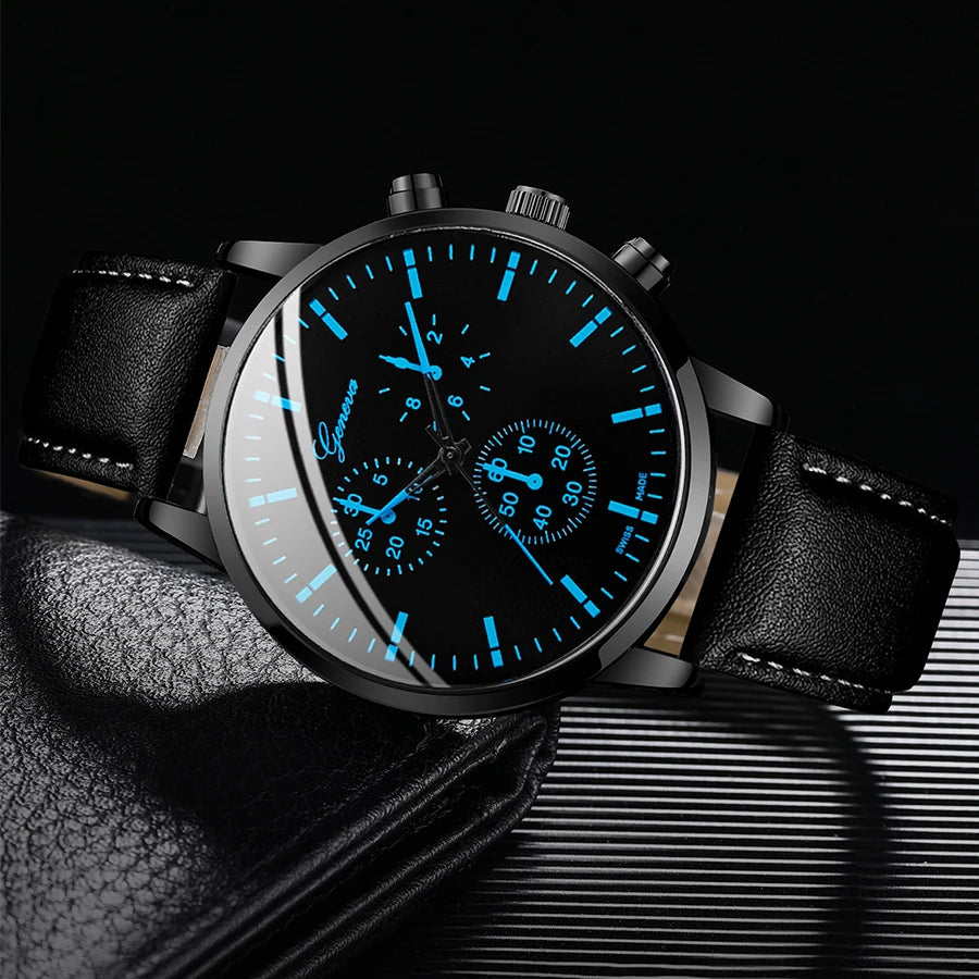 3 Teile/satz Männer Business Uhren Casual Leder Band Analog Männlichen Quarzuhr Halskette Armband Set