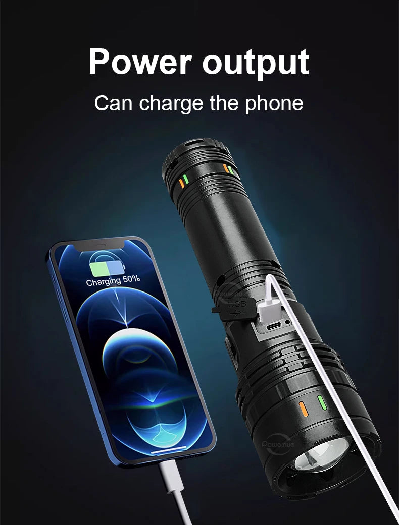 100000000LM Ultrahelle 15000 mAh USB C wiederaufladbare Taschenlampe Hochleistungs-Taschenlampen Wasserdichte Camping-Laterne Digitalanzeige