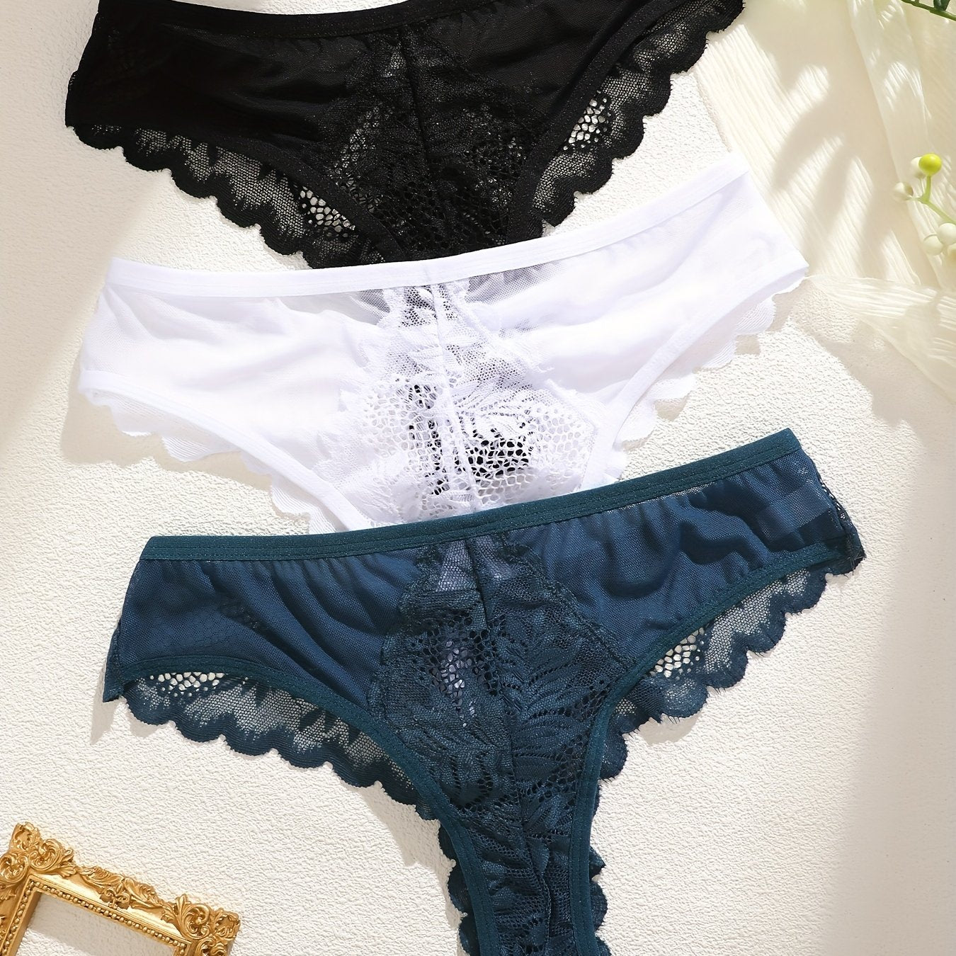 3pcs Women's Lace Thong Set, Sexy Semi-Sheer Panties