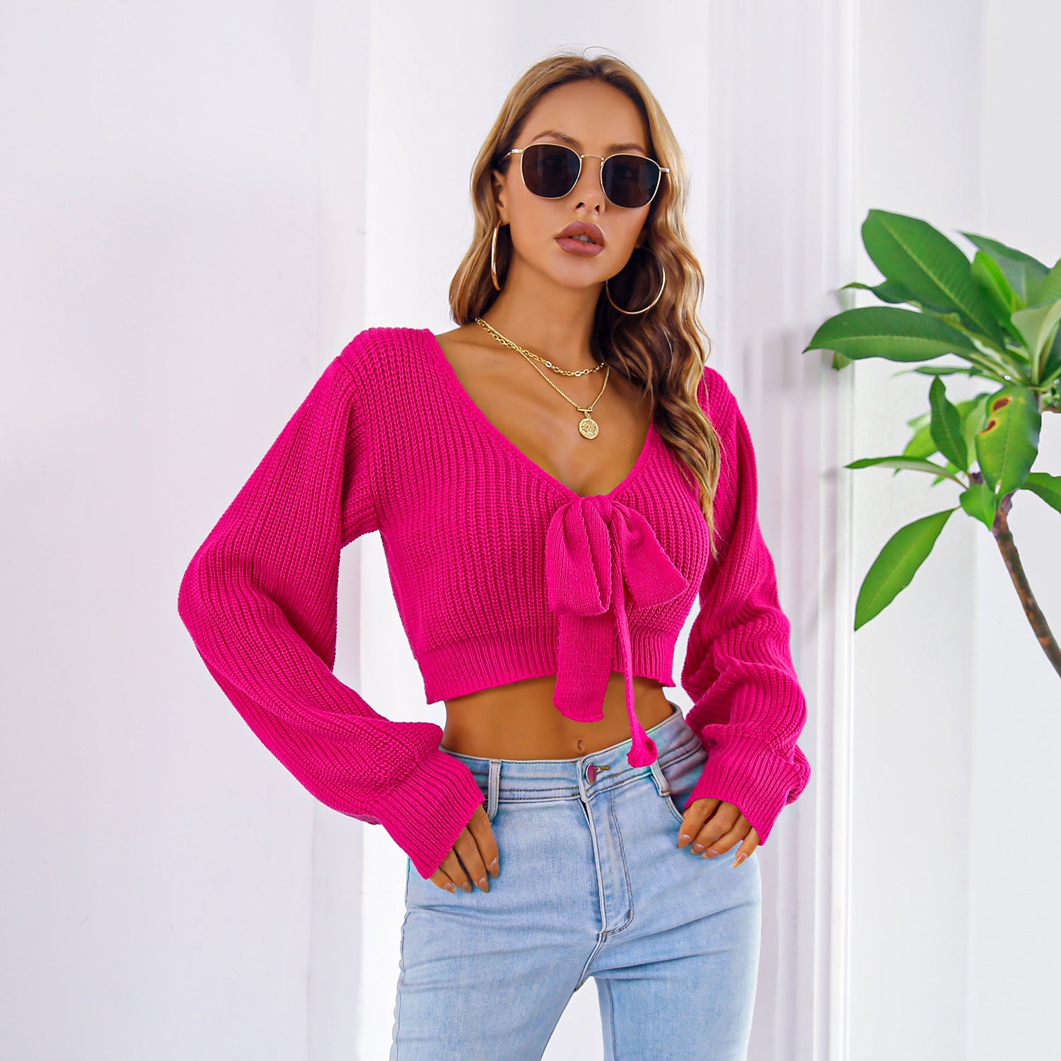 Sexy Bowknot V Neck Crop Sweater, Casual Lantern Long Sleeve Loose Fall Winter Knit Sweater, Women's Clothing